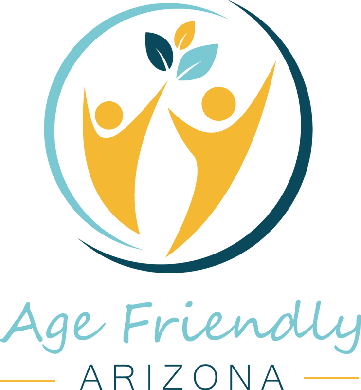 Age Friendly Arizona Logo - Turquoise, dark blue, and yellow icon above script and sans-serif type