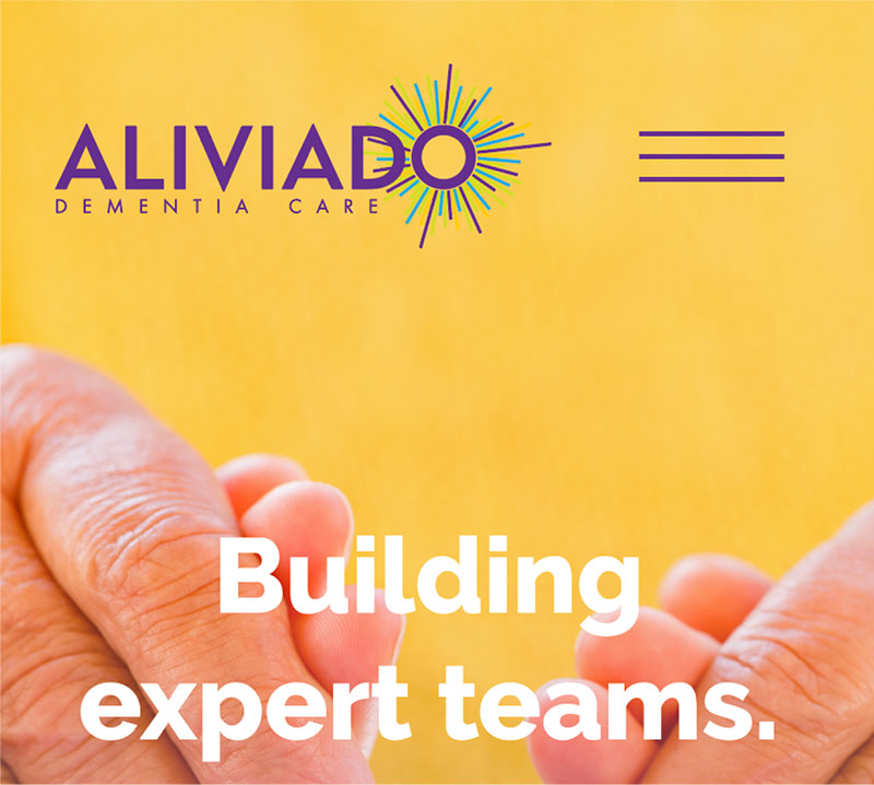 Graphic showing photo of hands with Aliviado logo and white sans-serif type