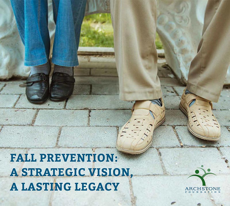 Graphic showing photo of the feet of two people sitting on a bench with blue serif type and Archstone Foundation logo overlaying