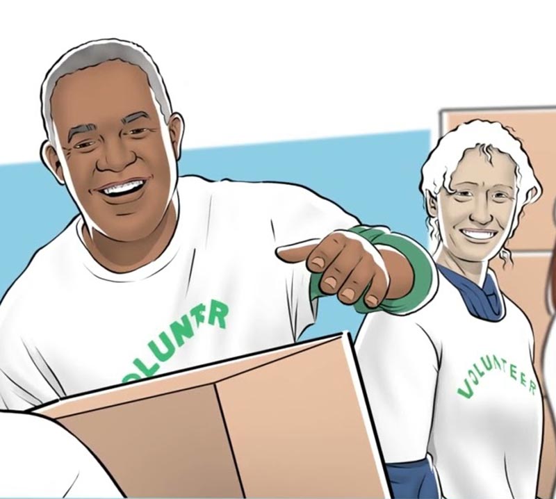 Video still of illustrated people for Reframing Aging