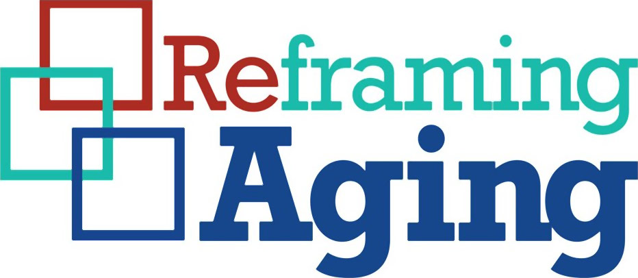 Reframing Aging Logo - Red, turquoise, and navy blue serif type with 3 overlapping colored squares to left