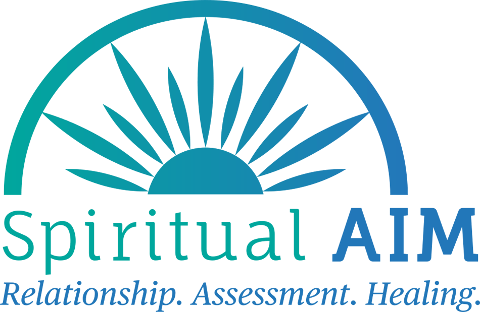 Spiritual Aim Logo - Turquoise and blue serif type with sunrise icon above