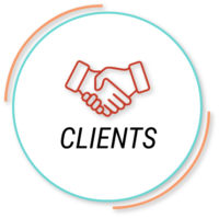 Clients Graphic Showing Black Sans-serif Type And Red Handshake Icon Inside White Circle With Teal And Peach Lines Around It
