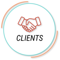 Clients graphic showing black sans-serif type and red handshake icon inside white circle with teal and peach lines around it