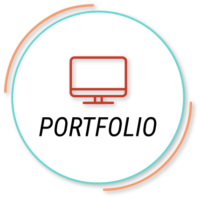 Portfolio Graphic Showing Black Sans-serif Type And Red Computer Icon Inside White Circle With Teal And Peach Lines Around It
