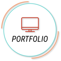 Portfolio graphic showing black sans-serif type and red computer icon inside white circle with teal and peach lines around it