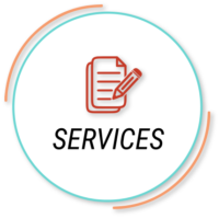 Services Graphic Showing Black Sans-serif Type And Red Pencil And Paper Icon Inside White Circle With Teal And Peach Lines Around It