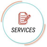 Services graphic showing black sans-serif type and red pencil and paper icon inside white circle with teal and peach lines around it