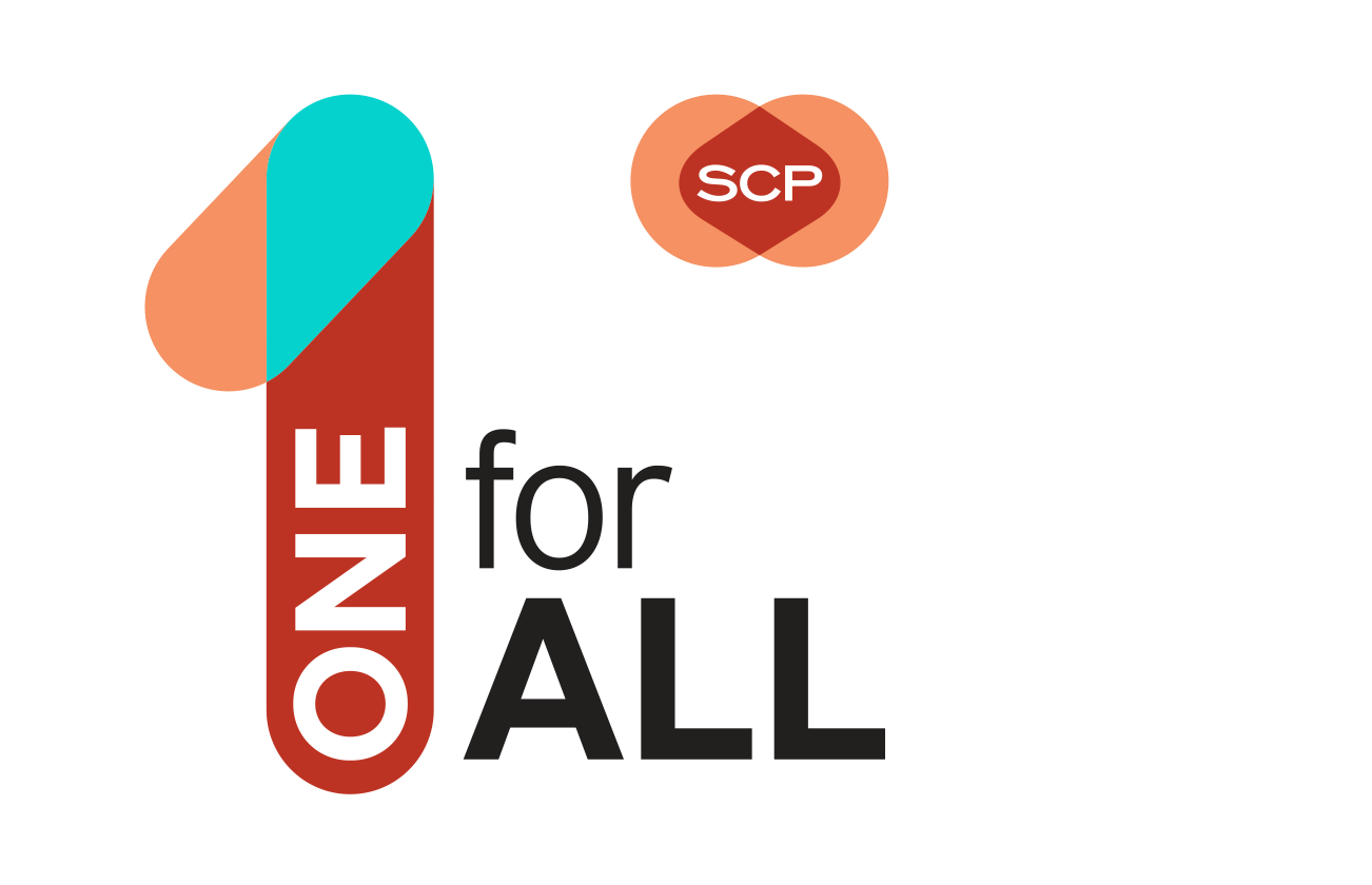 One for All Logo - Black sans-serif type with stylized number one to left in red, peach, and turquoise