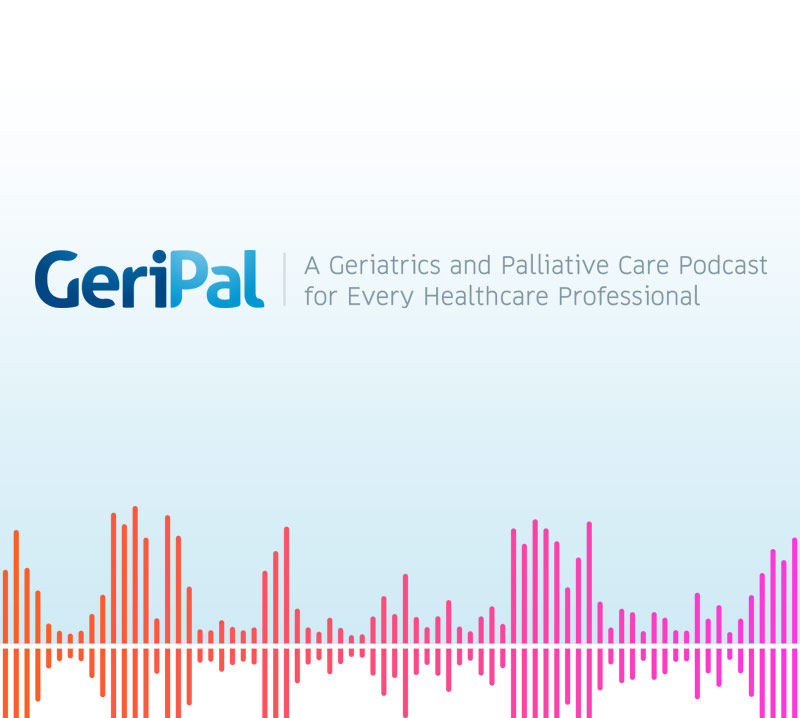 Graphic showing GeriPal logo over light blue gradient with orange and pink audio lines