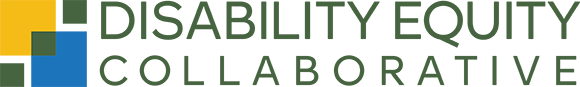 Disability Equity Collaborative Logo - Dark green sans-serif type with green blue and yellow squares to left