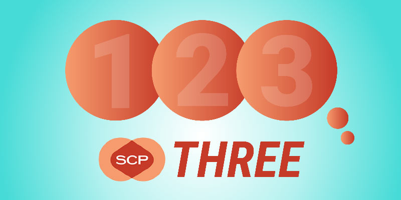 Graphic showing 1 2 3 inside orange-red circles with SCP logo and Three underneath over aqua background gradient