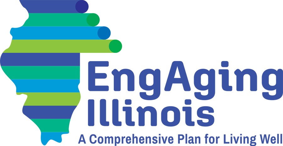EngAging Illinois Logo - Blue sans-serif type with stylized icon of the state of Illinois