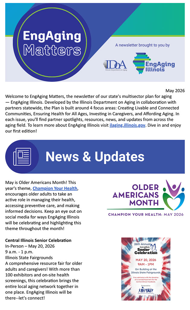 Graphic showing EngAging Matters May Newsletter using blue, turquoise, and light gray