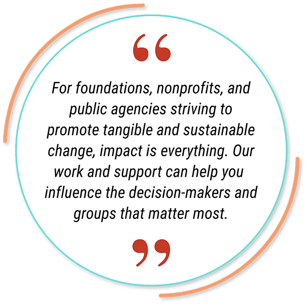 Quote graphic showing black sans-serif type inside white circle with red quotes and teal and peach lines around it